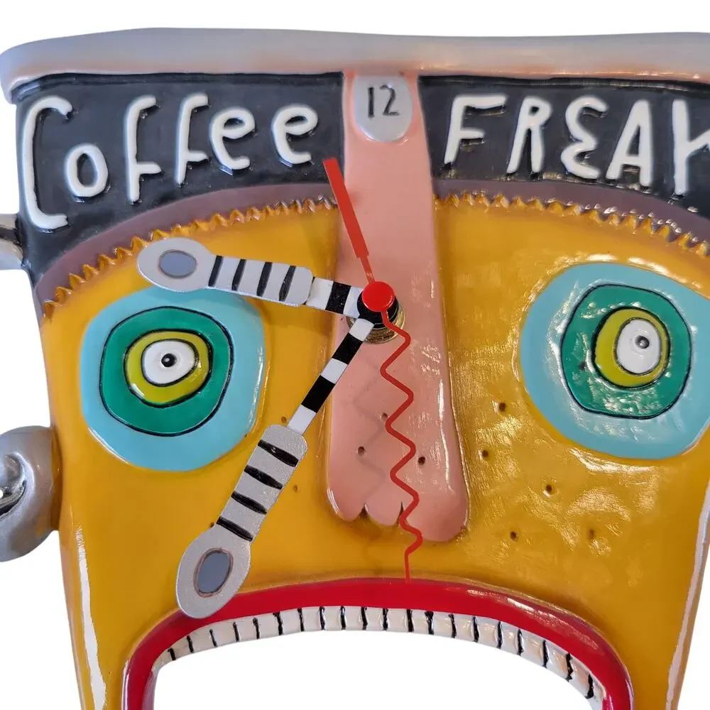 Rare Allen Designs Coffee Freak Wall Clock Studio Art Funky Mug Face 13x9